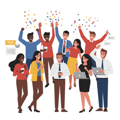 Obraz premium Celebrating business success, nine professionals cheer amid confetti, some holding laptops or beverages, showcasing teamwork, workplace joy, and a festive office environment