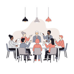 Showcasing a positive work environment, meeting scene with diverse professionals seated around a table engaged in discussion under hanging lights, highlighting teamwork and collaboration