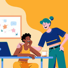 Two colleagues collaborate in a vibrant illustrated workspace with plants and digital elements, representing creativity, teamwork, and positive work culture in a modern office