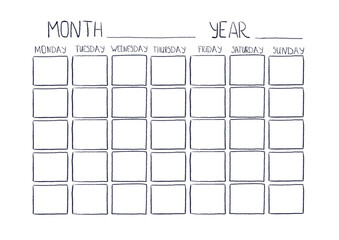 Blank monthly planner printable template. Watercolor hand drawn illustration, cartoon. School, schedule, lessons, activities, planning