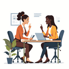 Two women seated at a desk conversing with gestures, a laptop, and potted plant nearby, reflecting communication, collaboration, and inclusive workplace culture in a modern office
