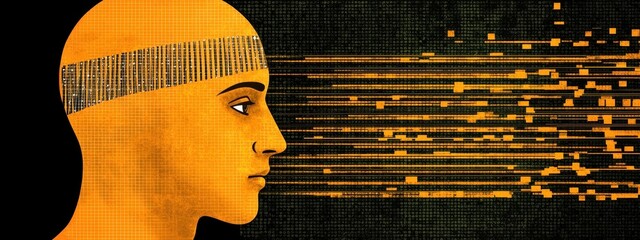 Abstract Orange Head Profile with Data Stream
