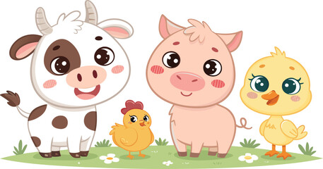 Adorable cartoon farm animals cow goat chicken pig and butterflies on grassy meadow.