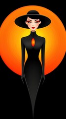 Elegant Woman in Black Dress and Hat Against Orange Sunset
