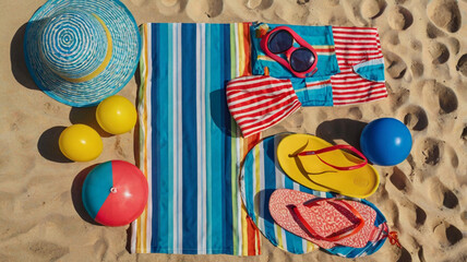 Beach accessories striped towel sunglasses flip flops balls image