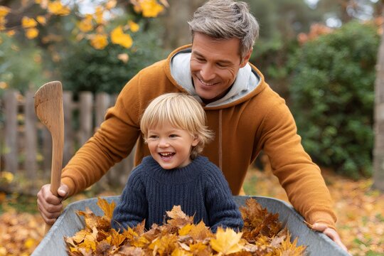 Father and son enjoying autumn leaves together - Powered by Adobe