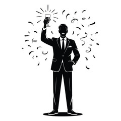 Man in suit cheers with champagne glass amidst fireworks