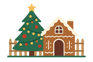 Christmas vector design featuring outdoor house elements with a snowy winter backdrop and a Christmas tree for seasonal holiday celebrations, in a detailed vector illustration