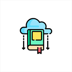 Book downloading from cloud storage, symbolizing digital learning and information access in a modern and convenient way.