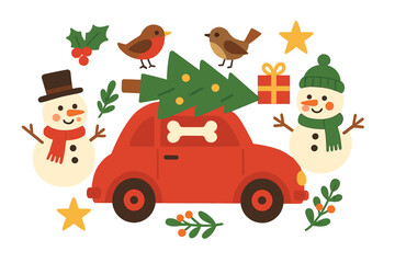 Vintage cartoon illustrations of Merry Christmas and Happy New Year featuring hand drawn vectors, a car, and gingerbread cookies on a brown background for a greeting card tag template