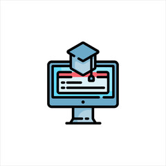 Computer screen displays online course with graduation cap hovering above, symbolizing elearning and academic achievement in a modern, digital age.