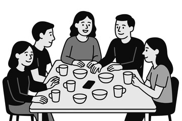 Black and white illustration depicting a dinner party celebration with multi-ethnic students