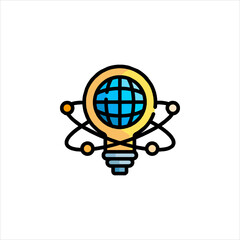 Global lightbulb represents innovative ideas and worldwide solutions in a modern, clean style, suggesting progress and connectivity.