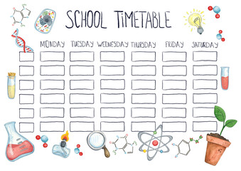 School timetable in a frame made of science objects, printable template. Watercolor illustration hand drawn, cartoon. School, schedule, lessons, activities, planning