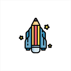 Pencil rocket launching into space surrounded by stars, symbolizing creativity and innovation with a playful and whimsical mood.