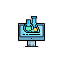 Computer screen displaying two laboratory beakers in a modern lab, representing scientific research and discovery in a clean, minimalist style.