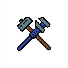 Hammer and caliper crossing each other in workshop showcasing precision and craftsmanship for engineering and construction projects.