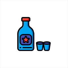 Blue bottle with red star sits next to two shot glasses on white surface, suggesting celebration and good times, perfect for bar or party themed projects.