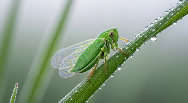 Green leafhopper on a blade of grass with dew drops