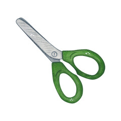 Stationery scissors with green handles. Watercolor illustration hand drawn, cartoon. Drawing for stickers, stickers, scrapbooking. Cut, blades, handles, school, stationery, study, applique