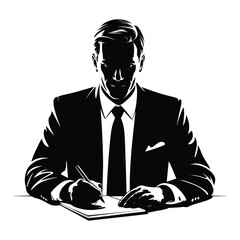 Silhouette of a businessman in a suit writing at a desk