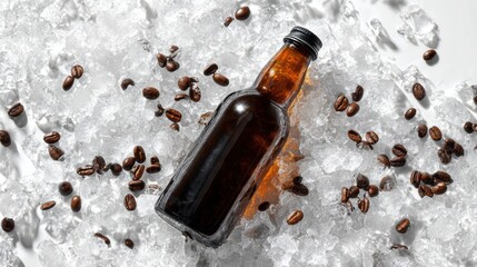Chilled coffee bottle on ice with coffee beans for refreshing beverage enjoyment.