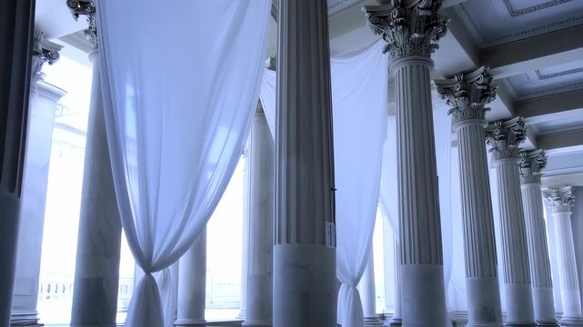 Majestic Columns and Flowing Fabric: A Classical Architectural Visual with Delicate Movement