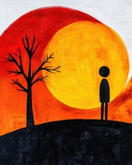 Silhouetted Figure near Bare Tree with Gradient Sun on Textured Earth Illustration