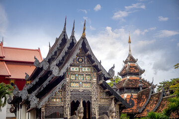 Fototapeta premium Facade of the City Pillar Shrine (San Lak Mueang) at Wat Chedi Luang palace in Chiang Mai, Thailand
