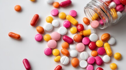 Colorful pills spilling from a jar, representing medication, health, and wellness, set on a light background.