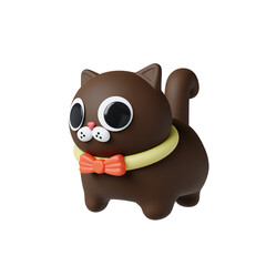 3D Halloween cute icon featuring playful brown cat with bowtie. 3D render illustration