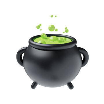3D Halloween cute icon of a bubbling cauldron with green potion. 3D render illustration