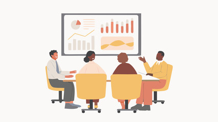 Obraz premium Illustration of a diverse group of colleagues in a meeting discussing charts and graphs on a screen