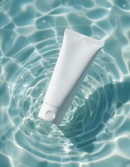 Elegant skincare tube floating in clear blue water for a refreshing spa like beauty product promotion