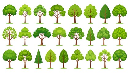 Fototapeta premium Diverse selection of flat vector trees showcasing various shapes and foliage styles