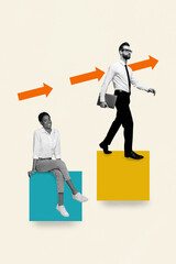 3D photo collage template artwork composite of business goal target success charts young man walk hold laptop lady sit smile arrow point