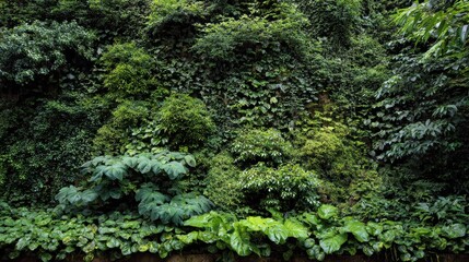 Lush green foliage covering a natural wall, showcasing vibrant plant life and a tranquil atmosphere.