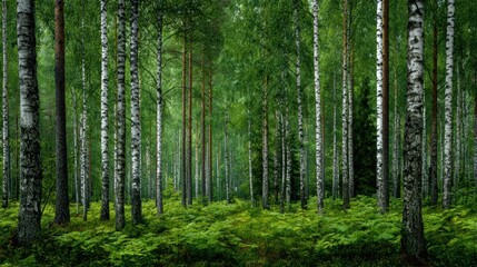 Lush green forest with tall trees and dense foliage, creating a serene and tranquil natural landscape.