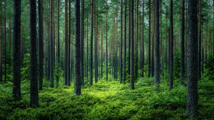 Fototapeta premium Lush green forest with tall trees and vibrant undergrowth, a serene escape into nature's beauty.