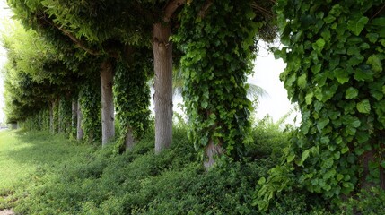 Lush green vines cascading down tree trunks, creating a serene and vibrant natural backdrop.