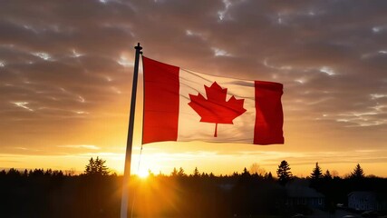AI-generated illustration of Canada flag waving during a dramatic sunset above trees and forest
