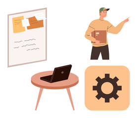 Man holding documents and gesturing near task board, table with laptop, and gear icon. Ideal for teamwork, project management, planning, workflow, brainstorming scheduling organization. Simple flat