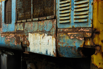 Close-up of an old locomotive and old carriages on a decommissioned railway, the paint cracked, peeled and rusted.