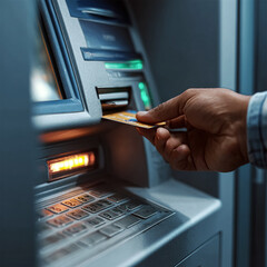 In this video, a person inserts a bank card into an ATM machine to withdraw cash. The close-up shot emphasizes secure and convenient banking technology in action, highlighting everyday financial trans