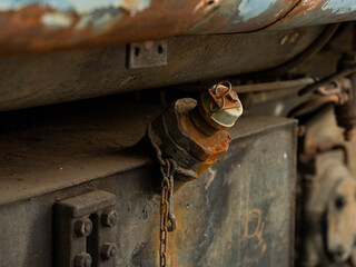 Close-up of an old locomotive and old carriages on a decommissioned railway, the paint cracked, peeled and rusted.