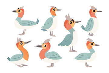 Naklejka premium Whimsical Watercolor Waterfowl: A collection of charming cartoon waterfowl poses in whimsical watercolor style, these adorable birds embody a sense of joy and simplicity.