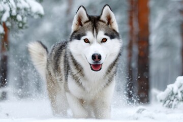 Naklejka premium Siberian husky dog running in snowy winter forest