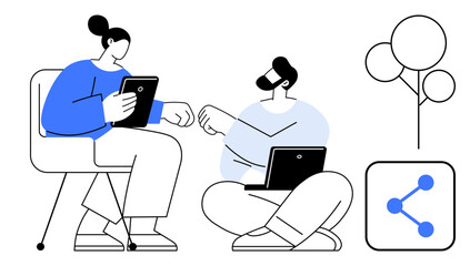 Two colleagues discussing projects using a tablet and laptop, network icon, and abstract tree. Ideal for teamwork, remote work, productivity, networking, innovation, digital transformation simple