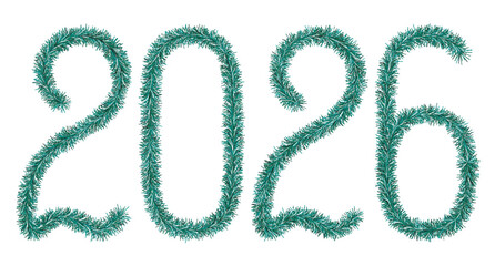 Tinsel. 2026. Lettering from festive Christmas decoration. Fluffy numbers. Green color. Vector illustration. Isolated background. Cute plush message. Coming year. Rustling lettering.