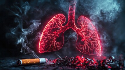 a powerful anti-smoking poster for No Tobacco Day, hyper-realistic Neon human lungs transforming from healthy pink to blackened from smoke, shattered 